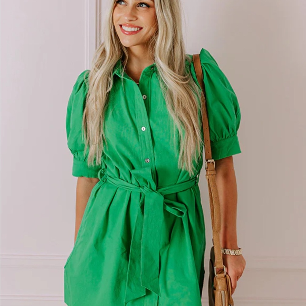 Green Puff Sleeve Shirt Dress